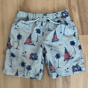 FREE PLANET RED, WHITE AND BLUE Boys Swim Trunks with Sailboat/Palm trees. Sz.8